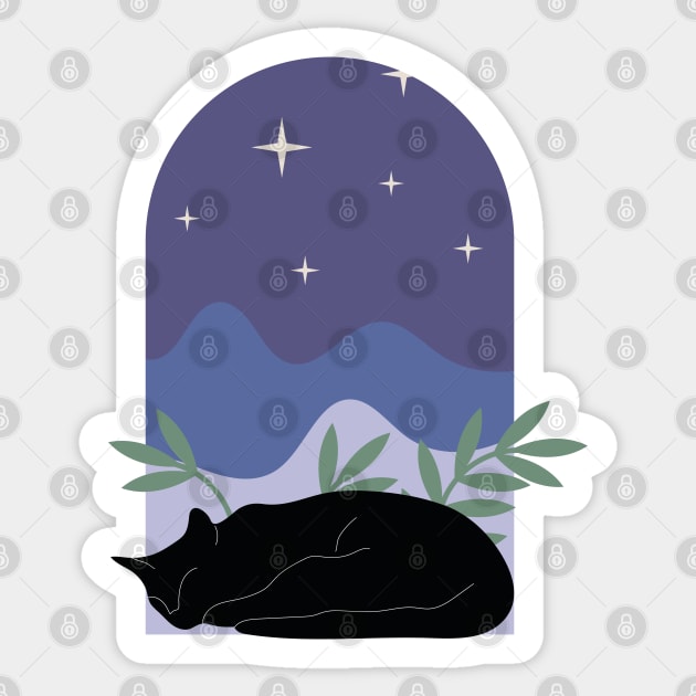 Sleepy cozy black cat with plants and night sky in boho minimalist style Sticker by ArtistryWhims